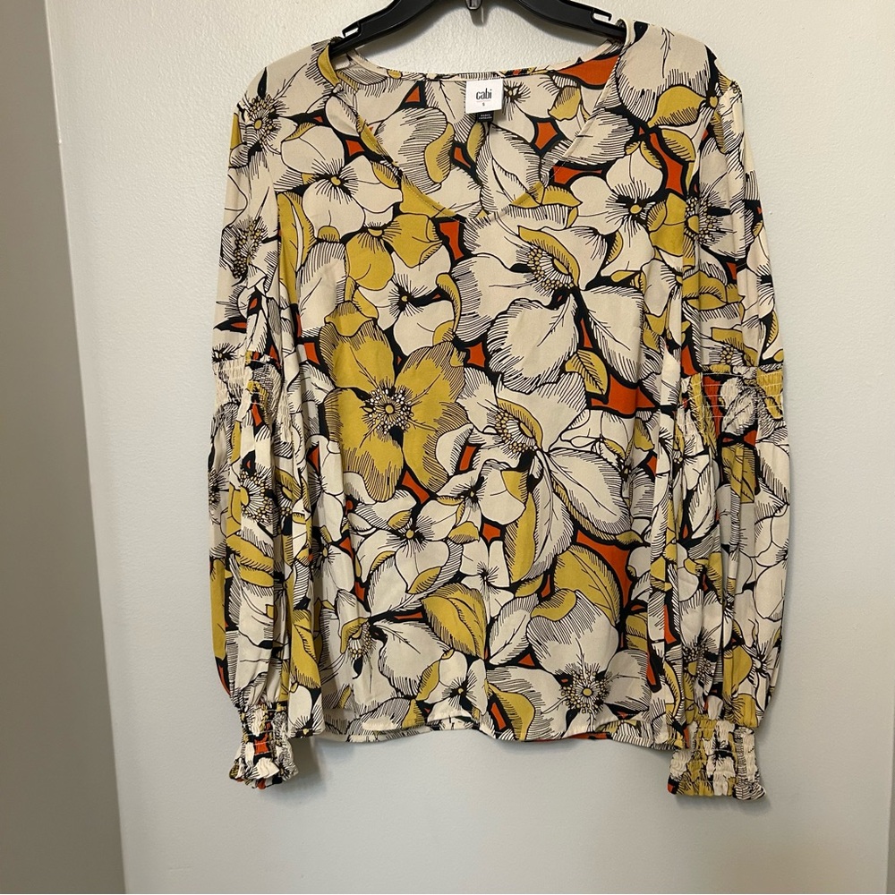 CAbi Sequel Provider Tropical Top #3954 Floral Print Smocked Sleeves Sz S Yellow